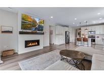 Open-concept living room featuring a fireplace, mounted TV, and a modern kitchen at 944 Alpine Ridge St, Erie, CO 80516