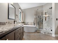 Modern bathroom featuring a soaking tub, granite counters, and a spacious glass shower with decorative tile at 8922 S Tuscany Ln, Highlands Ranch, CO 80130