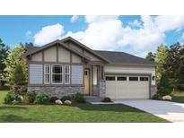Charming single-story home featuring stone accents, a two-car garage, and a well-manicured lawn at 8081 Butte Creek St, Littleton, CO 80125
