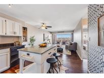 Bright open kitchen with stone counters, dark wood floors, and an island with seating in an open-concept living space at 1121 Albion St # 803, Denver, CO 80220