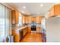Well-lit kitchen with wooden cabinets, stainless steel appliances, and mosaic tile backsplash at 535 Lost Valley Pt, Castle Rock, CO 80108