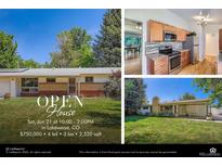 Inviting single-story home with brick accents, lush lawn, and mature trees at 8075 Sunset Dr, Lakewood, CO 80214