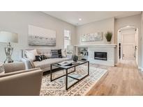 Bright living room features modern decor and a charming brick fireplace at 175 S Emerson St, Denver, CO 80209