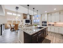 Modern kitchen with granite countertops and a large island featuring pendant lighting and stainless steel appliances at 817 Backcountry Ln, Highlands Ranch, CO 80126