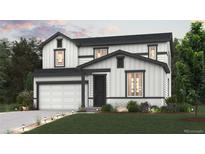 Charming two-story home with white siding, dark trim, a two-car garage and professional landscaping at 4334 Gozzer Ranch Dr, Elizabeth, CO 80107