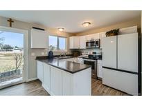 Modern kitchen features stainless steel appliances, white cabinetry, and dark countertops with an adjacent breakfast bar at 11058 Grange Creek Dr, Thornton, CO 80233