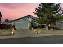 Charming home featuring a well-manicured lawn, mature tree, and inviting landscape lighting at 5661 E Melody Way, Castle Rock, CO 80104