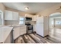Bright kitchen features stainless steel appliances, white cabinetry, and gray wood-look flooring at 1746 Galena St, Aurora, CO 80010