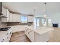 Modern kitchen featuring white cabinets, a center island, stainless steel appliances, and pendant lighting at 14131 Bunny Hop Ln, Parker, CO 80134