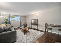 Bright living room with wood floors, area rug, grey sofa and view from the window at 3047 W 47Th Ave # 109, Denver, CO 80211