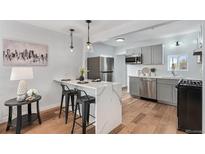 Modern kitchen boasts stainless steel appliances, quartz counters, and stylish pendant lighting at 2 S Knox Ct, Denver, CO 80219