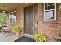 Inviting front entry featuring a stylish brown door, brick facade, and potted plants at 30 S Ider Way, Aurora, CO 80018