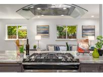 Modern kitchen with stainless steel range and hood, plus stylish decor and view to living space at 6490 E Dakota Ave, Denver, CO 80224