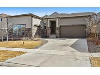 Charming home featuring a two-car garage and stone accents, enhancing its curb appeal at 12938 Bridge View Ln, Parker, CO 80134