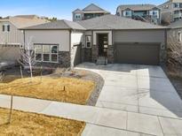 Charming single-Gathering home with a manicured front yard and an attached two-car garage at 12938 Bridge View Ln, Parker, CO 80134