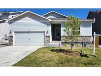 Charming single-Gathering home with light blue siding, a two-car garage, and a well-maintained lawn at 2303 Angus St, Mead, CO 80542