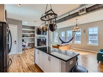 Bright living room featuring a hanging hammock, stylish decor, and an open layout connected to the kitchen at 1489 Steele St # 104, Denver, CO 80206