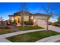 Charming single-Gathering home with stone accents, landscaped yard, and inviting entrance at dusk at 8505 S Tibet Ct, Aurora, CO 80016