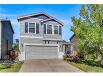 Charming two-story home with a two-car garage and manicured lawn at 9905 Aftonwood St, Highlands Ranch, CO 80126