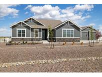 Beautiful one-story home with gray siding, stone accents, and well-maintained landscaping at 9915 E 162Nd Pl, Brighton, CO 80602