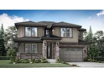 Two story home with a neutral color palette, stone accents, a covered porch and a two car garage at 7426 S Yank Ct, Littleton, CO 80127