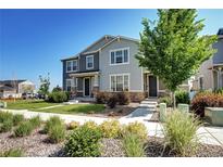 Inviting two-story townhome featuring stone accents, lush landscaping, and a well-maintained walkway at 952 Morning Glory Rd, Brighton, CO 80640