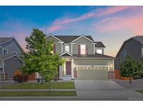 Charming two-story home featuring a spacious two-car garage and a well-manicured front lawn with a mature tree at 14912 Vienna Cir, Parker, CO 80134