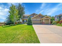 Charming home featuring a well-manicured lawn and three-car garage, complete with beautiful landscaping and curb appeal at 16500 Hitching Post Cir, Parker, CO 80134