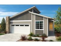 Modern single-story home with gray siding and attached garage at 9274 Biscay St, Commerce City, CO 80022