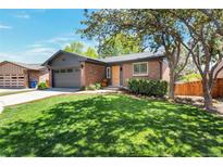 Charming brick home with a well-manicured lawn and mature trees shading the front yard at 2184 S Braun Way, Lakewood, CO 80228