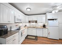 Bright kitchen featuring white cabinets, stainless steel appliances, and granite countertops at 650 S Clinton St # 11B, Denver, CO 80247