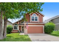 Charming two-story home with landscaped yard, attached two-car garage and patriotic US flag at 11366 Haswell Dr, Parker, CO 80134