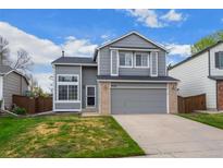 Charming gray two-story home with a well-maintained lawn and attached two-car garage at 9522 Castle Ridge Cir, Highlands Ranch, CO 80129