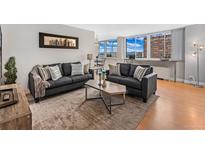 Bright living room with city views, featuring comfortable sofas and a coffee table at 1196 N Grant St # 710, Denver, CO 80203