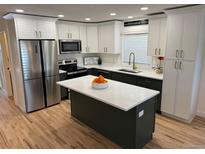 Modern kitchen featuring a large island, stainless steel appliances, two-tone cabinets, and beautiful hardwood floors at 3866 S King St, Denver, CO 80236