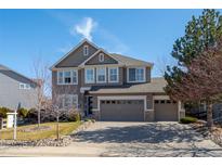 Charming two-story home featuring a three car garage and manicured front yard under a clear blue sky at 12062 Song Bird Hills St, Parker, CO 80138