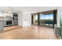 Bright living room featuring an updated kitchen with stainless steel appliances and large sliding doors to balcony at 1155 N Ash St # 1206, Denver, CO 80220