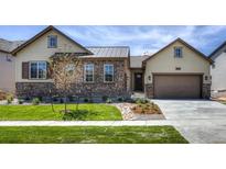 Beautiful single Gathering home with a stone and wood facade, a metal roof and a well manicured lawn at 8110 S Kellerman Cir, Aurora, CO 80016