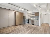 Bright living space featuring a modern kitchen with stainless steel appliances and wooden flooring at 1495 Vrain St # 115, Denver, CO 80204