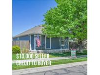 Charming blue house with lush front yard, mature tree, American flag, and inviting front porch at 2791 Quarterland St, Strasburg, CO 80136