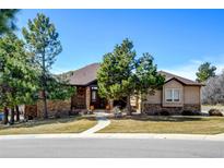 Charming home featuring a stone facade, well-manicured lawn, mature trees, and a welcoming walkway under a clear blue sky at 5329 Pinyon Jay Rd, Parker, CO 80134
