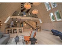 Spacious living room featuring wooden walls, skylights, and modern lighting fixtures at 563 Cr 672, Breckenridge, CO 80424