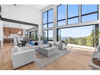 Bright, open-concept living room featuring floor-to-ceiling windows with mountain views and modern furnishings at 13415 S Resort Dr, Conifer, CO 80433