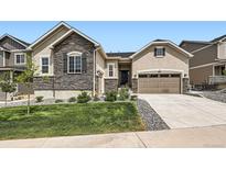 Charming home featuring stone accents, a well-manicured lawn, and a two-car garage with a warm and inviting facade at 4536 Shady Path Ln, Castle Rock, CO 80104