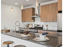 Modern kitchen boasts wood cabinets, a stainless steel range hood, and a stylish countertop island at 1898 S Bannock St # 209, Denver, CO 80223