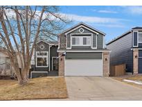 Two-story home featuring a two-car garage and manicured lawn at 9938 Sydney Ln, Highlands Ranch, CO 80130