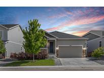 Charming single-Gathering home featuring a two-car garage, stone accents, and a beautifully landscaped front yard at 21893 E Tufts Cir, Aurora, CO 80015