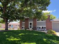 Charming brick home featuring a lush green lawn and mature shade tree creating great curb appeal at 12235 Garfield Pl, Thornton, CO 80241