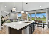 Bright open kitchen with a large island, stainless steel appliances, and modern pendant lighting at 6513 Dry Fork Cir, Frederick, CO 80516