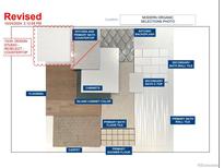 A design studio selection board showcasing cabinet, flooring, and tile samples for a new home's kitchen and bathrooms at 688 Belay St, Erie, CO 80516